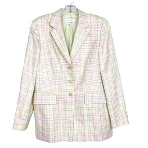 Escada Pink Yellow Pastel Silk Blend Plaid Blazer Sz 40